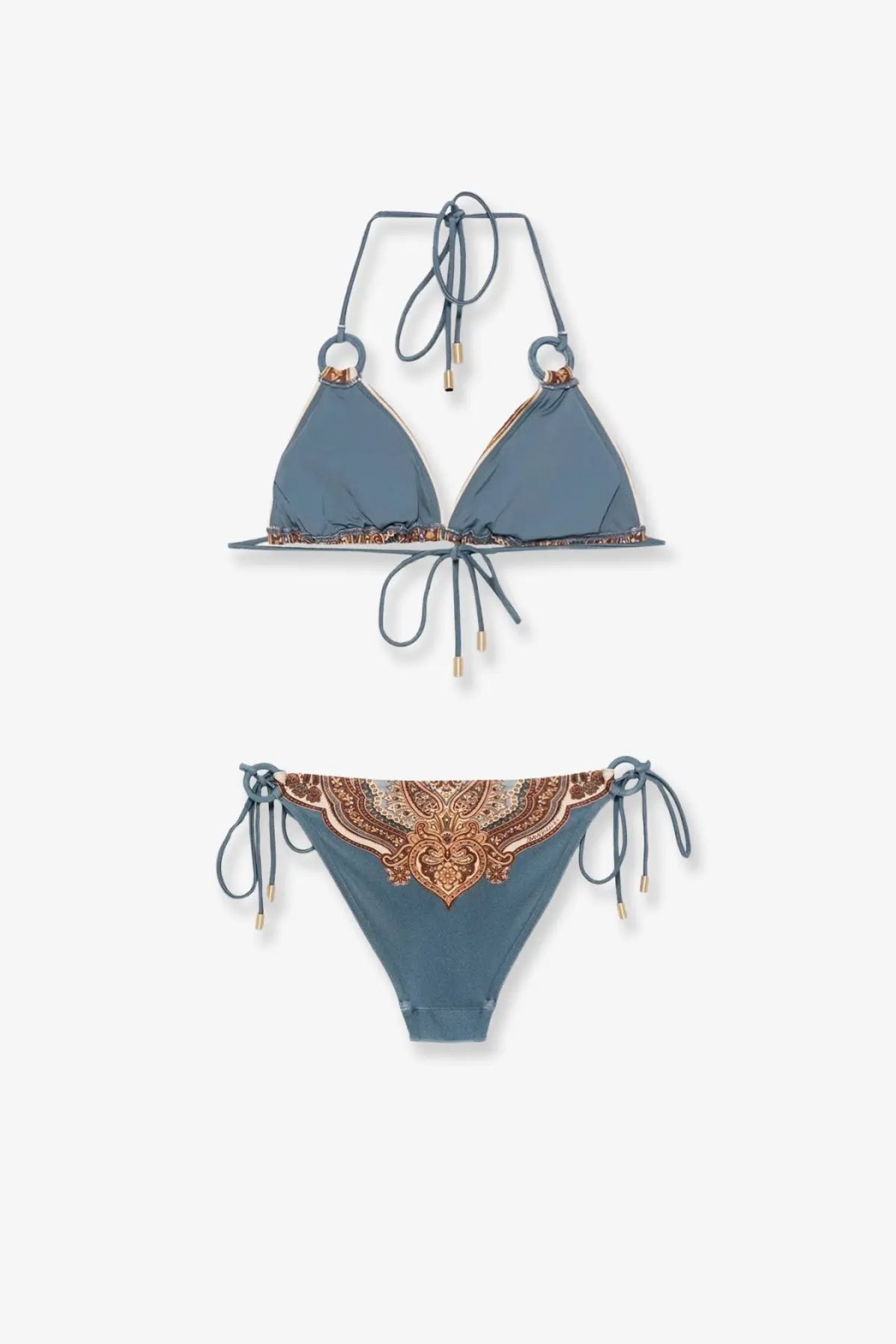 Zimmermann women’s mahon blue nylon bikini set with gold-toned paisley embroidery and adjustable ties