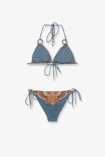Zimmermann women’s mahon blue nylon bikini set with gold-toned paisley embroidery and adjustable ties