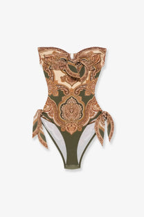 Zimmermann women’s mahon strapless one-piece swimsuit in olive green nylon with gold paisley pattern and tied side ties