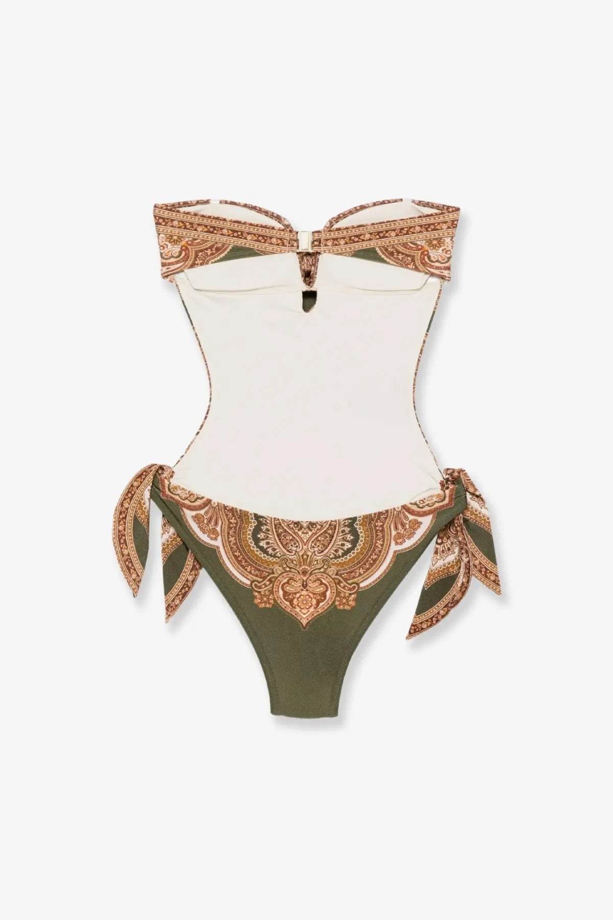 Zimmermann womens mahon nylon one-piece swimsuit in green with strapless corset bodice and brown paisley patterns