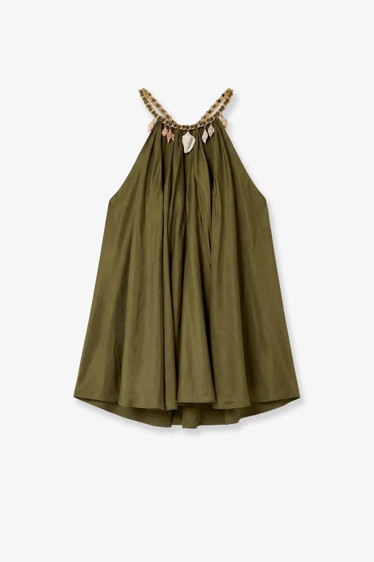 Zimmermann women’s mahon silk olive green halter neck dress with decorative chain and shell embellishment at neckline