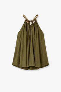 Zimmermann women’s mahon silk olive green halter neck dress with decorative chain and shell embellishment at neckline