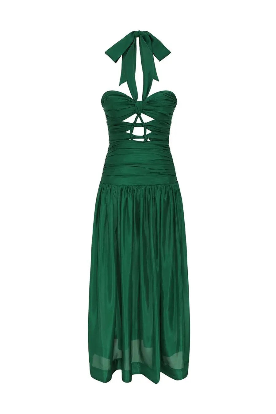 Zimmermann women’s midi dress green in emerald halter-neck style with ruched bodice lace-up front and flowing skirt