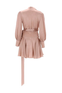 Zimmermann women’s mini abito portafoglio in blue satin with long puffed sleeves and belted waist back view