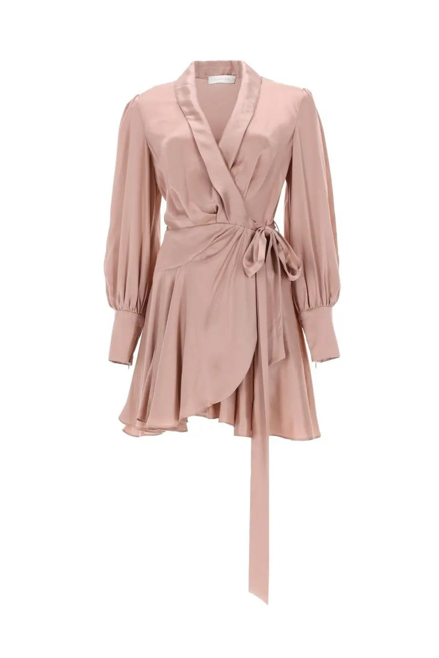 Zimmermann women’s mini abito portafoglio blue satin wrap dress with long puffed sleeves and belted waist
