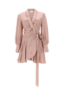Zimmermann women’s mini abito portafoglio blue satin wrap dress with long puffed sleeves and belted waist