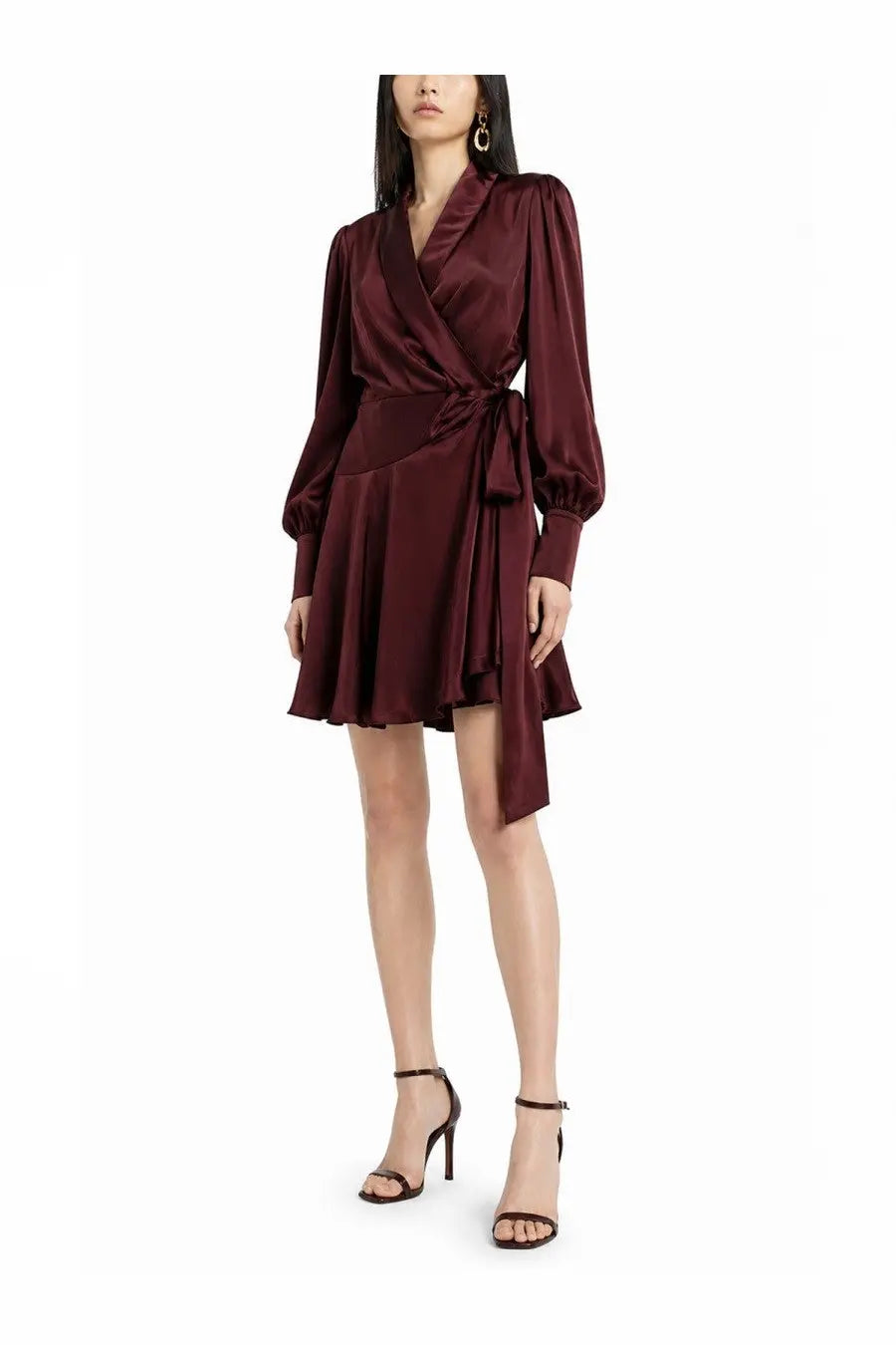 Zimmermann women’s mini abito portafoglio red rich burgundy satin wrap dress with long puffed sleeves and flared skirt