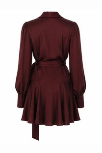 Zimmermann women’s mini abito portafoglio red rich burgundy satin dress with long puffed sleeves and cinched waist