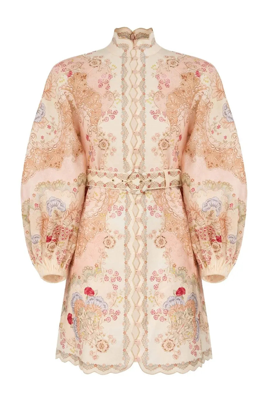 Zimmermann women’s mini dress daylight multicolor in blush pink with gold floral embroidery high collar and puffed sleeves