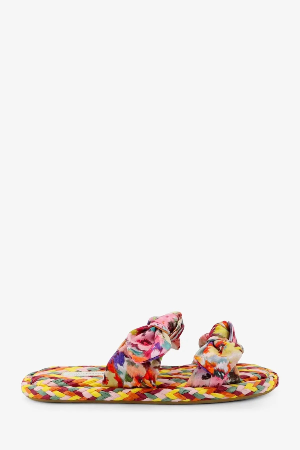 Zimmermann women’s multicolored raffia carousel sandal with colorful floral pattern braided sole and tied bow details