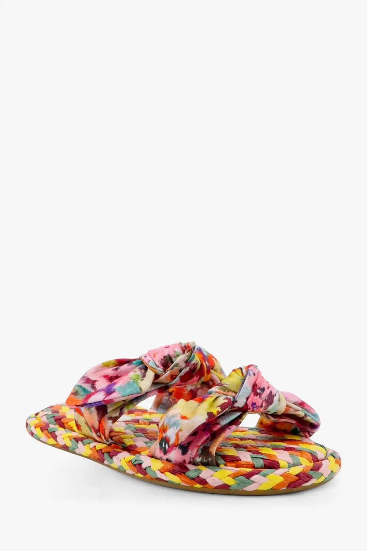 Zimmermann women’s multicolored raffia carousel sandal with colorful floral pattern braided sole and knotted strap design