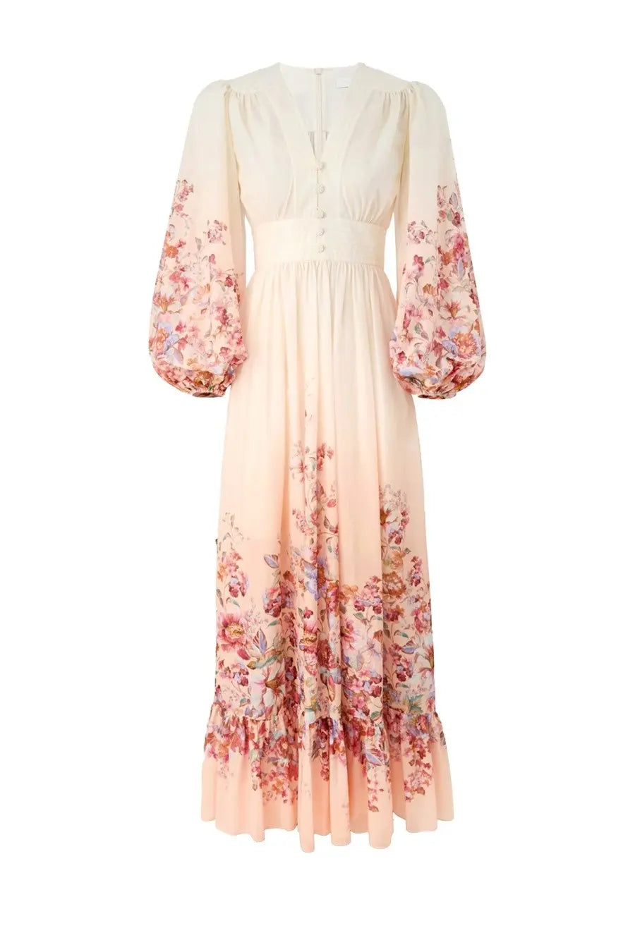Zimmermann women’s flowing cream-colored maxi dress with long puffed sleeves and soft pink mauve floral pattern