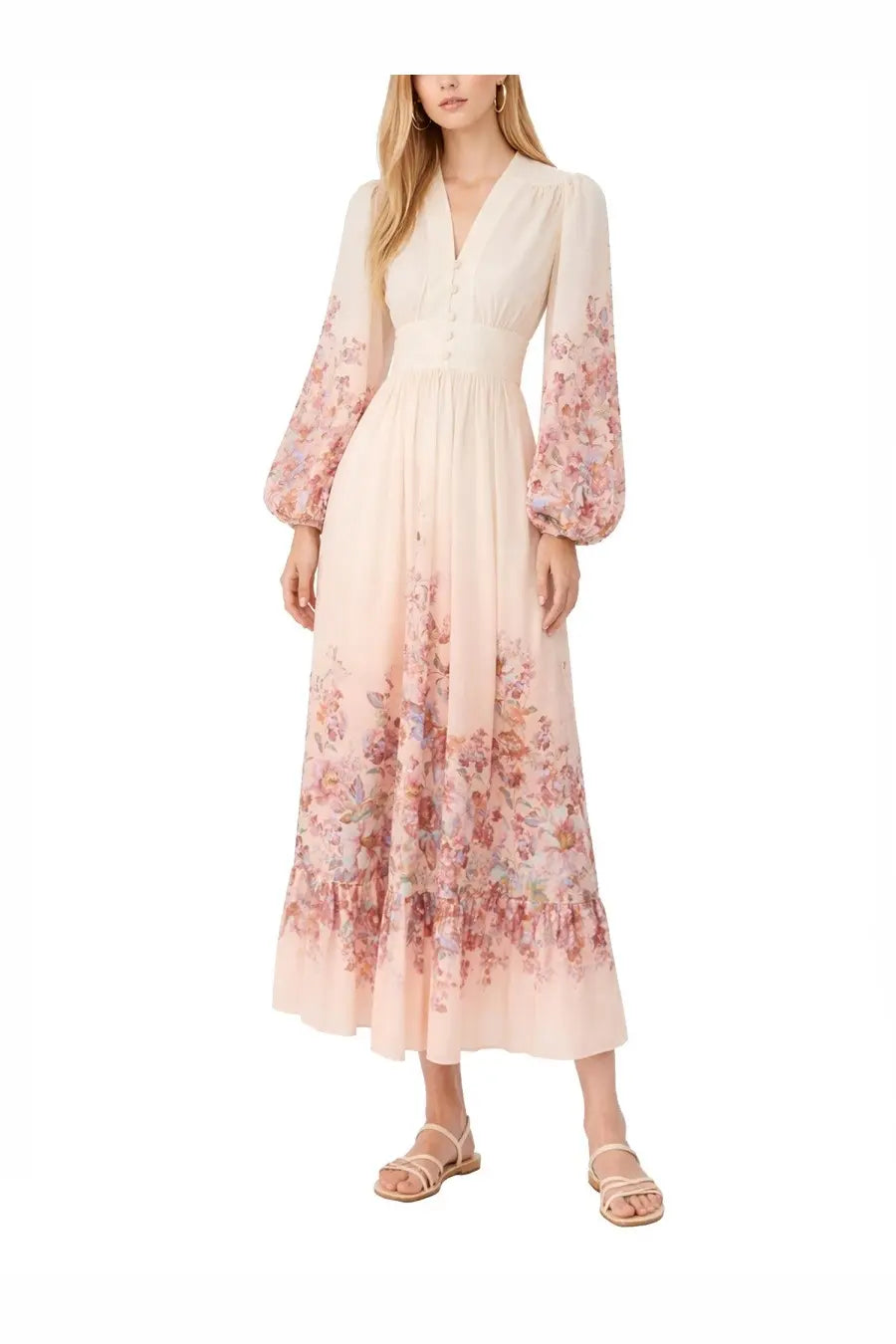 Zimmermann women’s neck long dress in pale pink floral with long puffed sleeves and v-neckline flowing maxi style