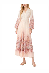 Zimmermann women’s neck long dress in pale pink floral with long puffed sleeves and v-neckline flowing maxi style