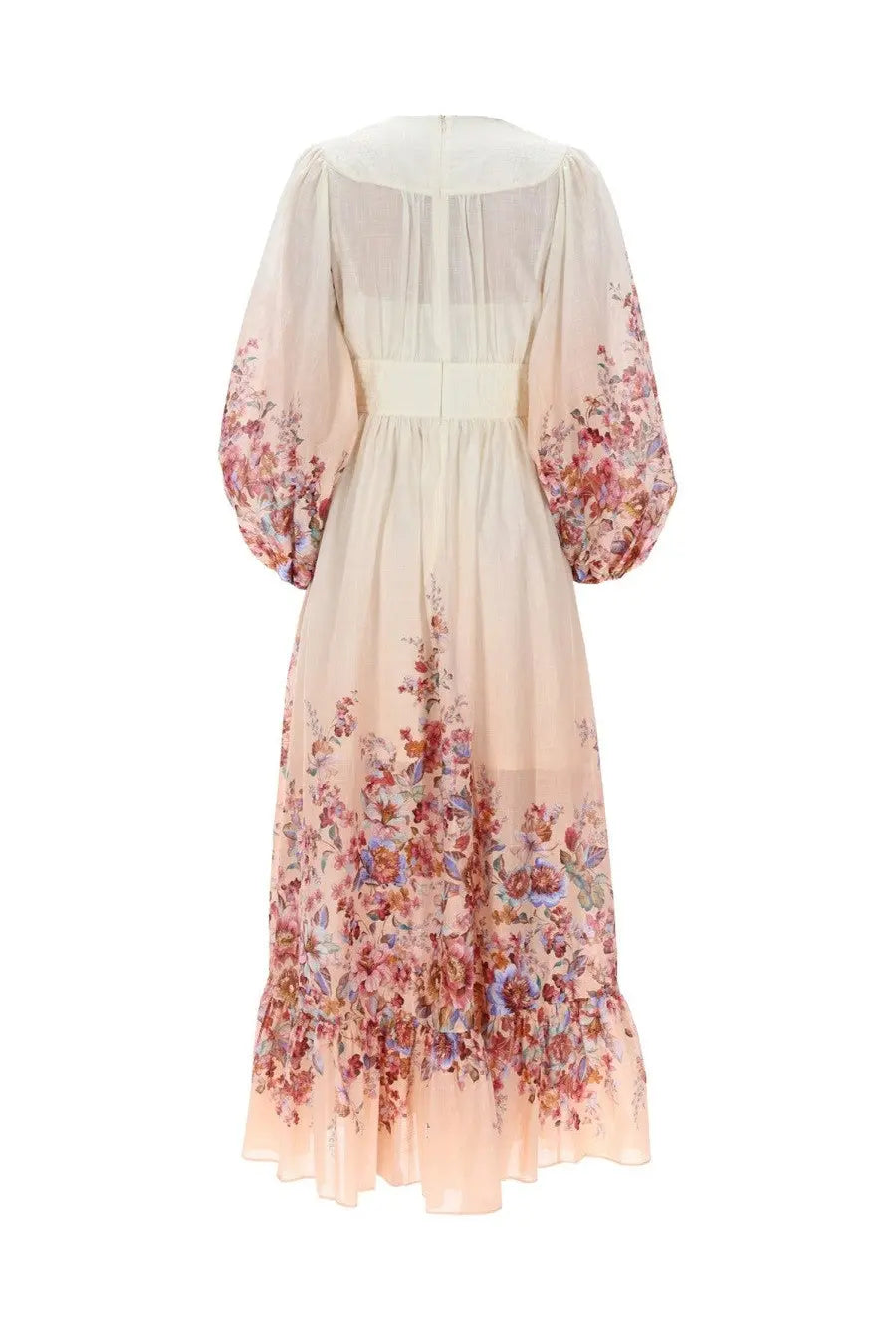Zimmermann women’s neck long dress in soft peach and pink floral chiffon maxi with long sleeves and delicate blossoms