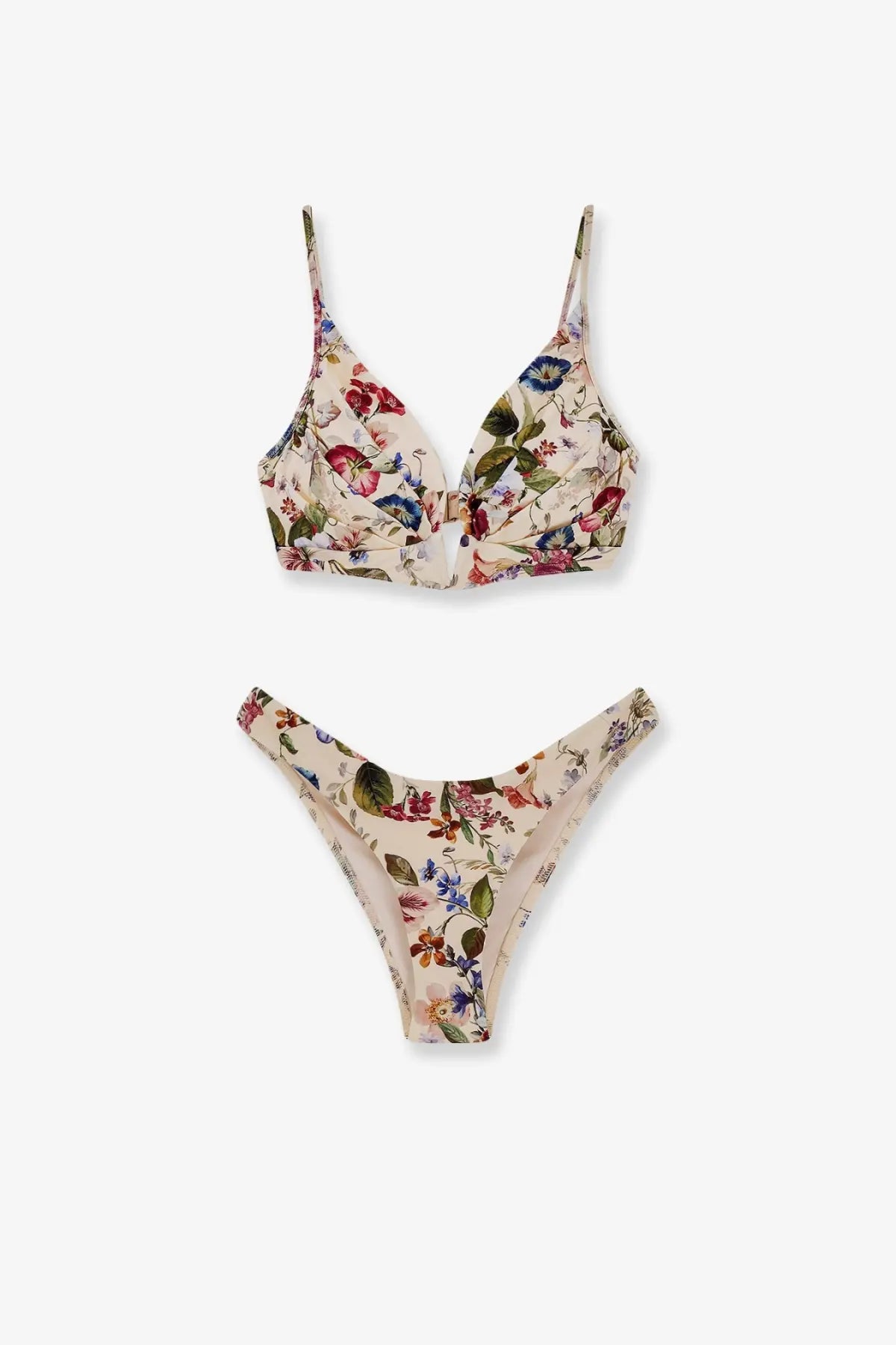 Beige floral print Zimmermann women’s nylon bikini set with delicate straps and central clasp on the top