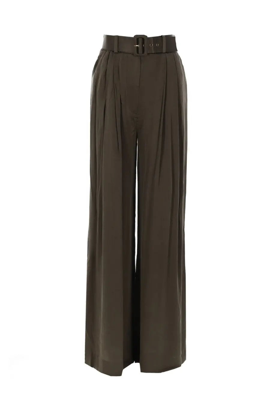 Zimmermann women’s olive green wide-leg trousers with matching belt and subtle pleats in lightweight fabric