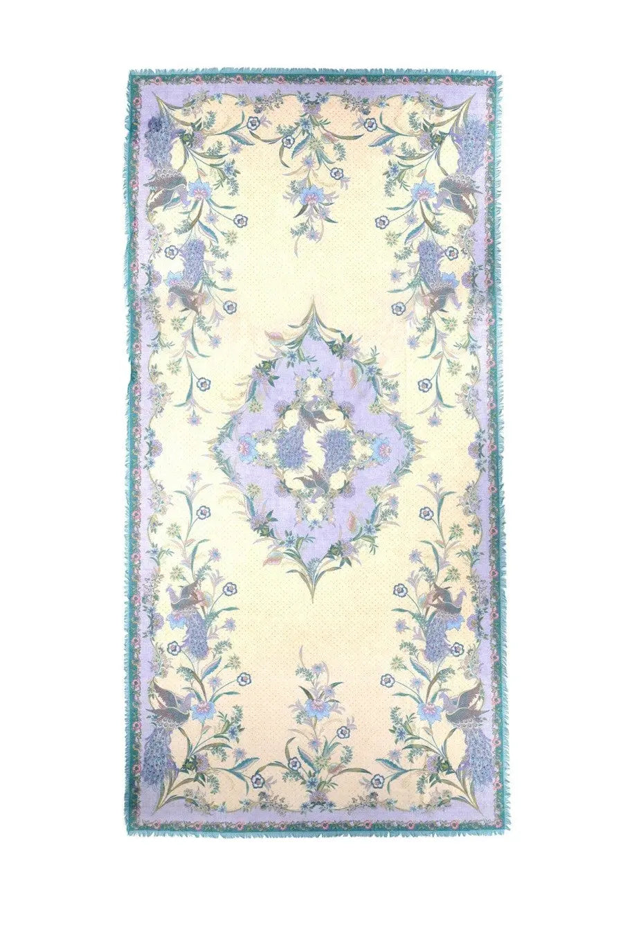 Zimmermann women’s pareo in multicolor cotton featuring a lavender and cream floral pattern with bird motifs and teal fringe