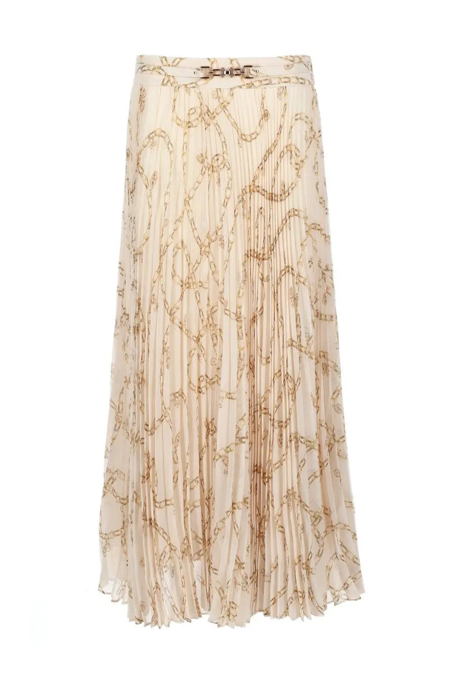 Zimmermann women’s cream-colored pleated midi skirt with gold chain-link pattern and matching metallic belt buckle