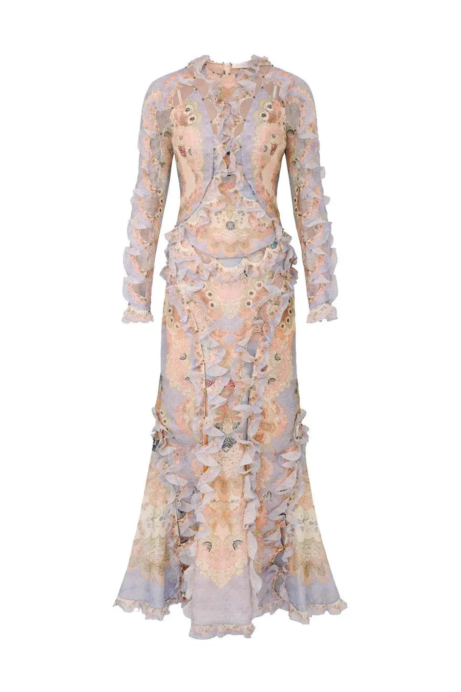 Zimmermann women’s rebellion long dress in soft lavender and peach with floral embroidery and cascading ruffles
