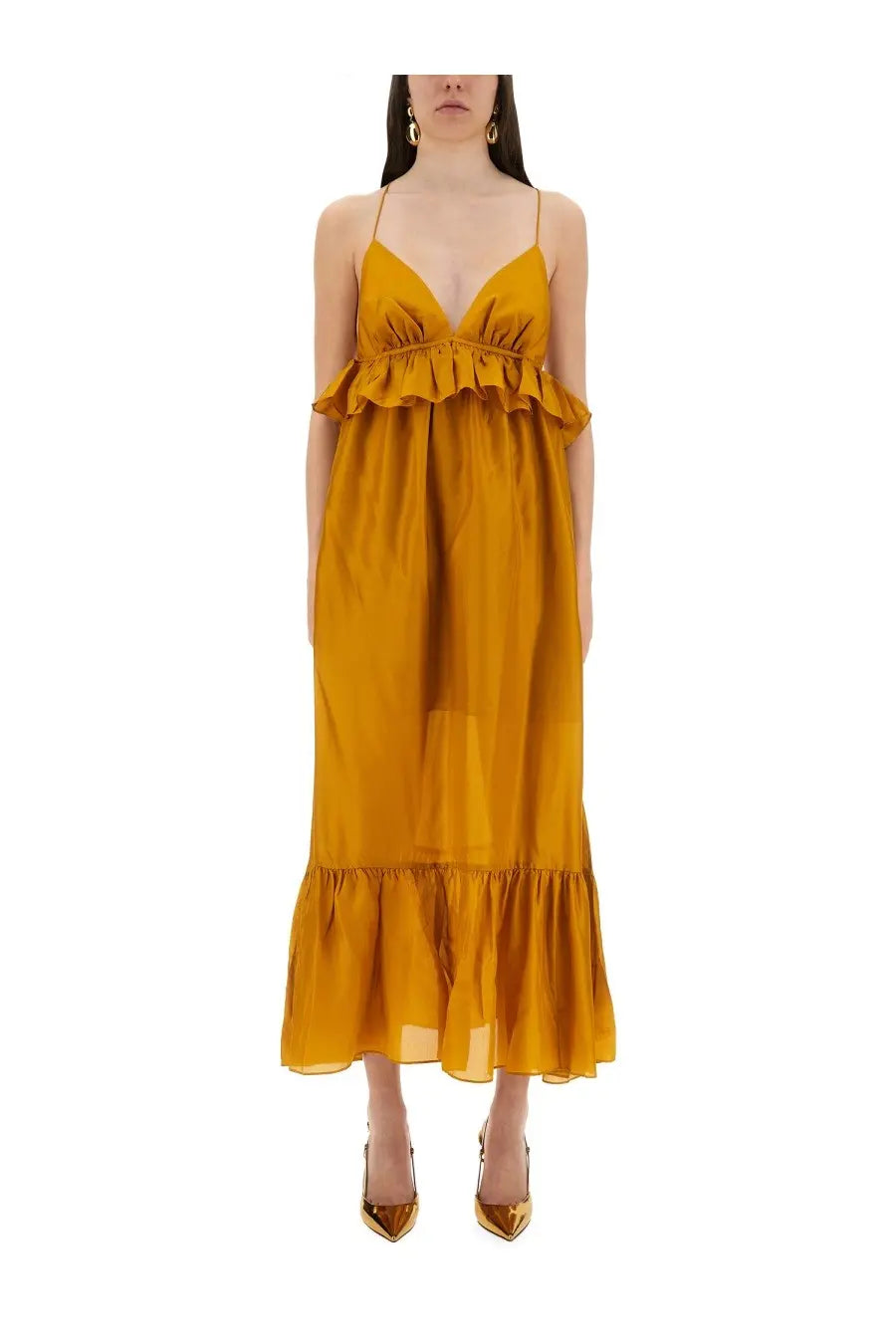 Zimmermann women’s rhiannon dress gold flowing mustard-yellow midi dress with ruffled neckline and hem in lightweight fabric