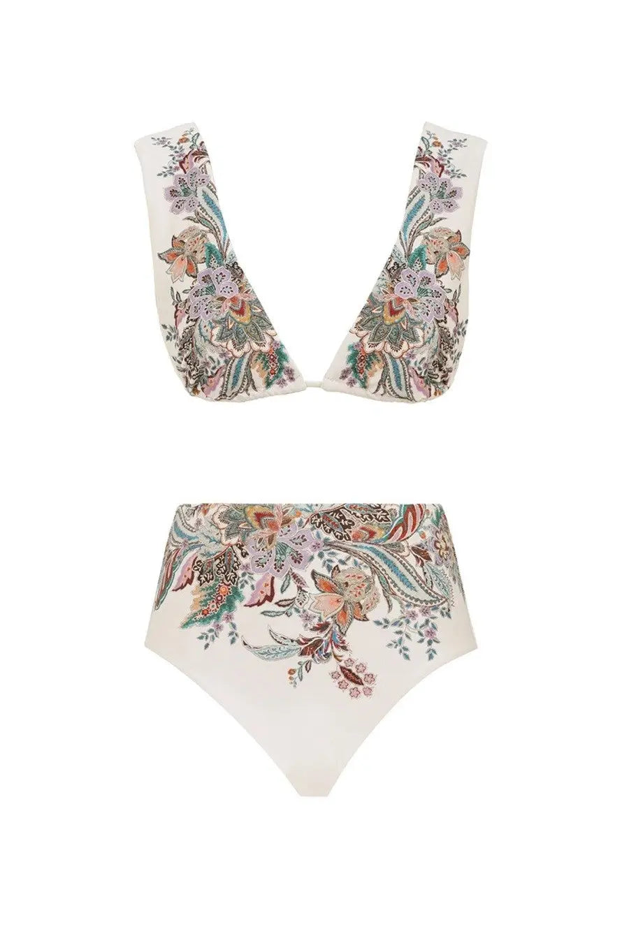 Zimmermann women’s rhiannon wide strap bikini swimsuit in white with multicolor floral and paisley pattern
