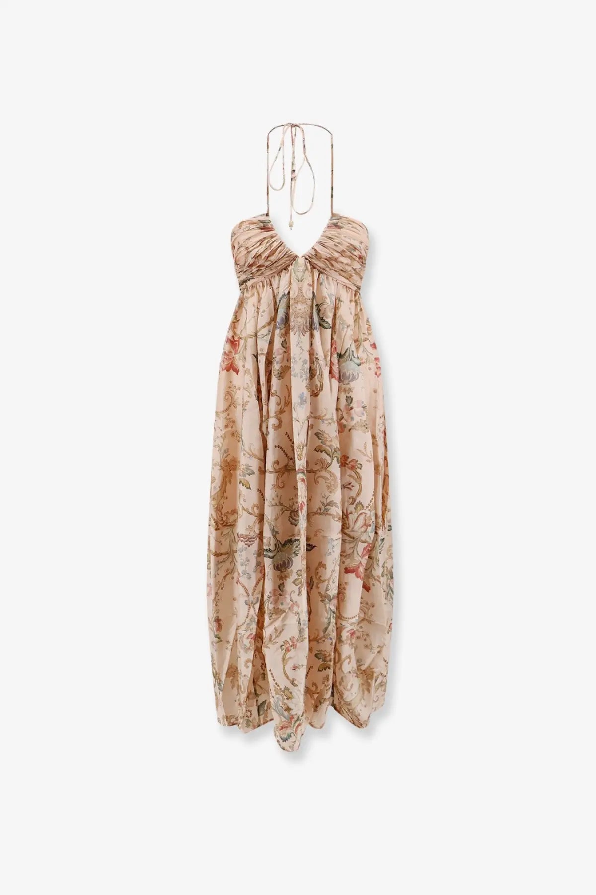 Zimmermann women’s roselight silk dress blue with flowing beige floral maxi design ruched halter neckline and tie-back straps