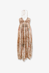 Zimmermann women’s roselight silk dress blue with flowing beige floral maxi design ruched halter neckline and tie-back straps