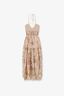 Zimmermann women’s roselight silk dress blue beige flowing maxi dress with delicate floral pattern and v-neckline
