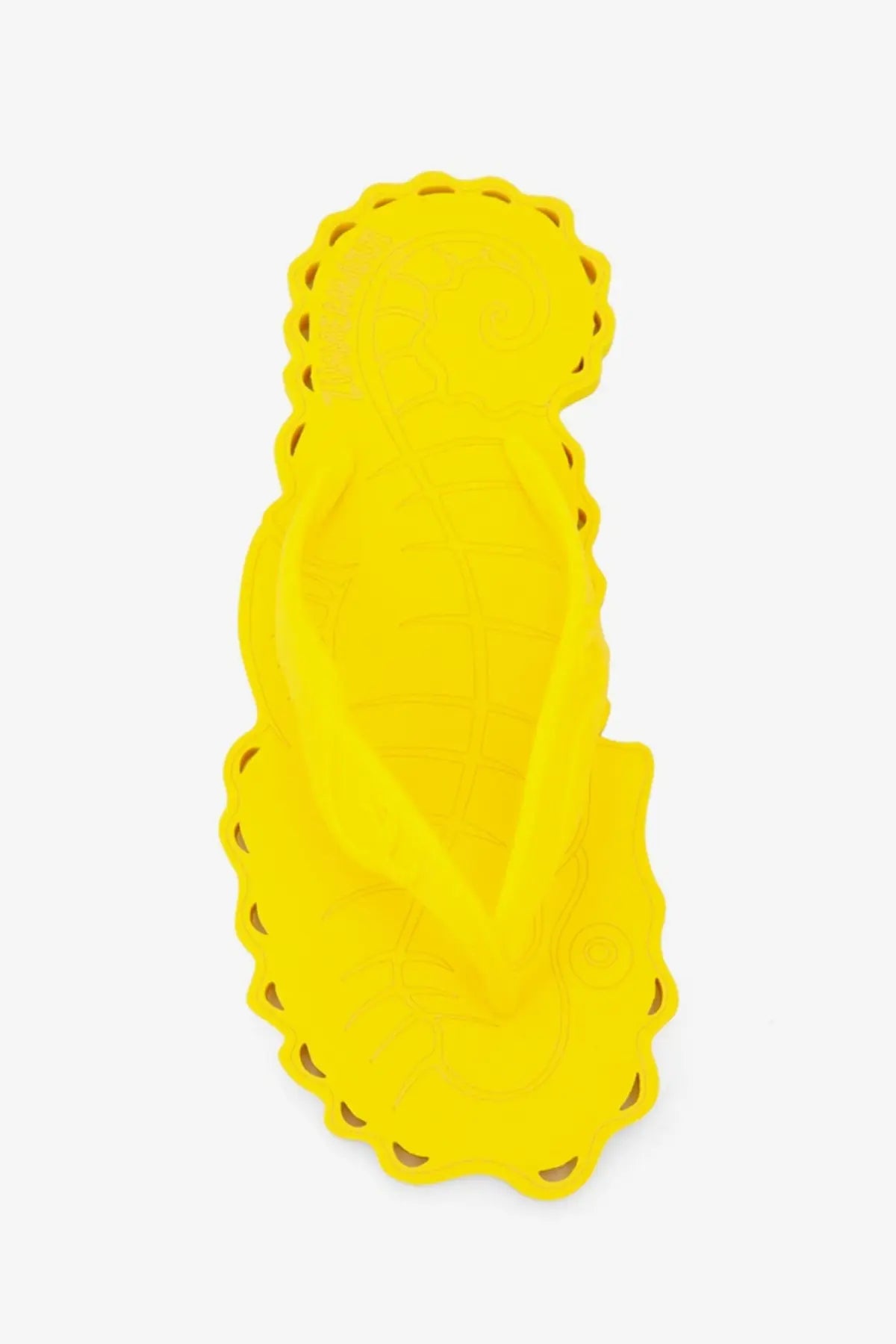 Bright yellow silicone flip-flop-shaped coaster with scalloped edge and perforated detailing for summer use