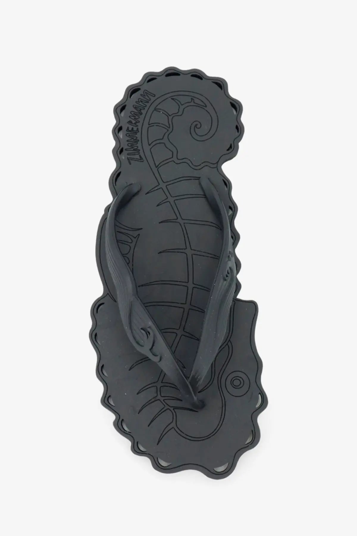 Black rubber Zimmermann women’s seafoam thong sandal with seahorse design and scalloped edges