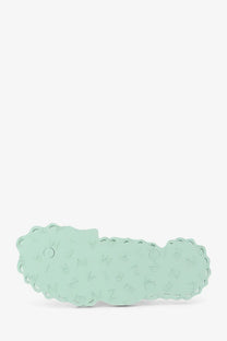 Mint green silicone hair clip with scalloped edges and embossed lettering for zimmermann seafoam thong rubber sandals