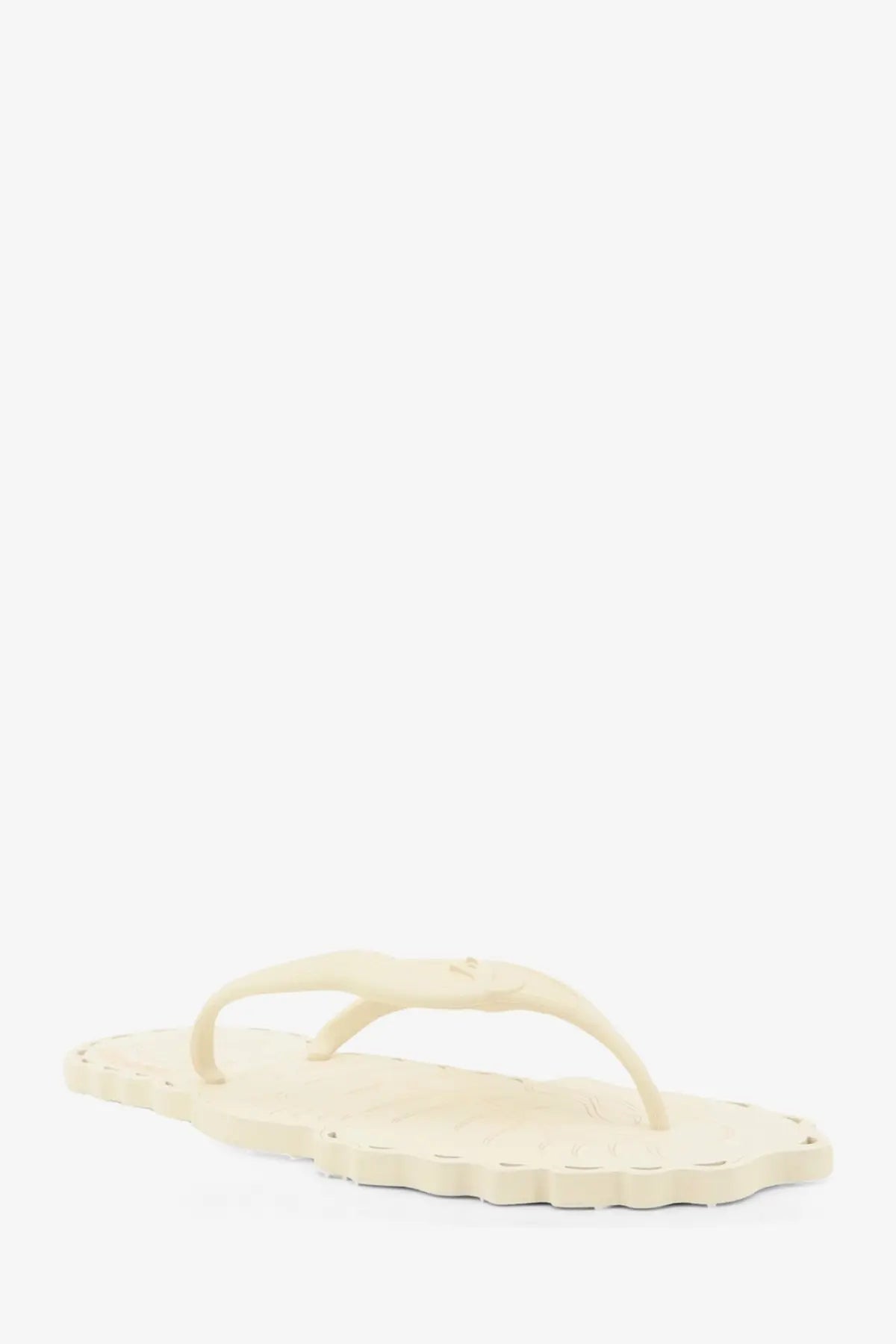 Zimmermann women’s seafoam thong rubber sandals in cream with scalloped edge and embossed logo on the footbed