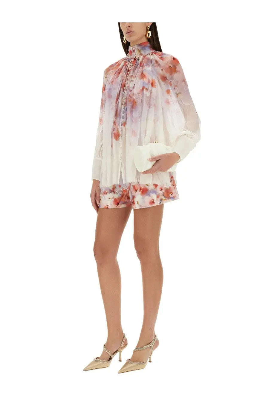 Zimmermann women’s short crush multicolor flowing high-necked floral dress in soft white sheer fabric with pink blossoms