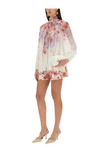 Zimmermann women’s short crush multicolor flowing high-necked floral dress in soft white sheer fabric with pink blossoms
