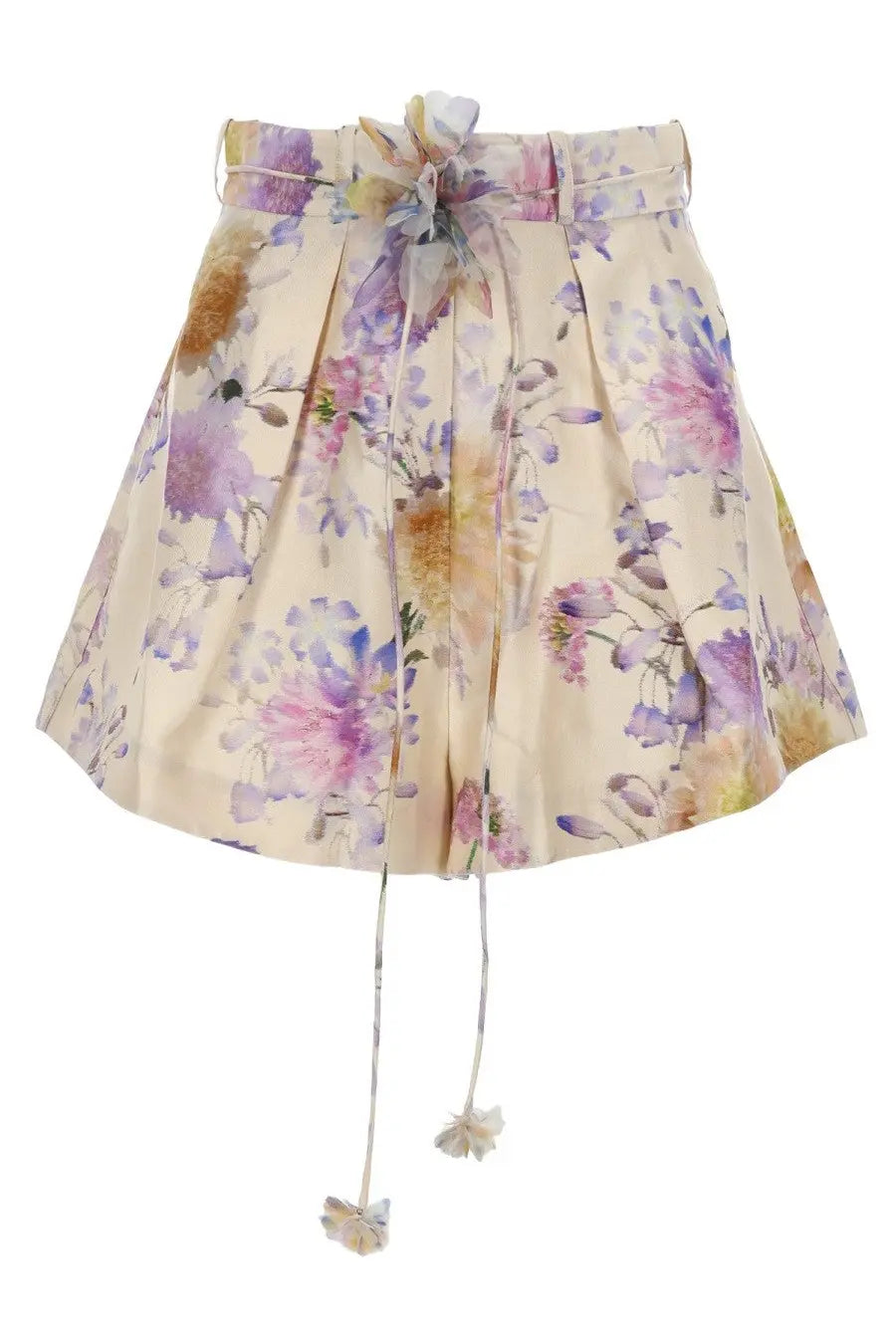 Zimmermann women’s shorts luna tuck multicolor pleated floral skirt in soft cream with purple pink and yellow blossoms and tied waistband