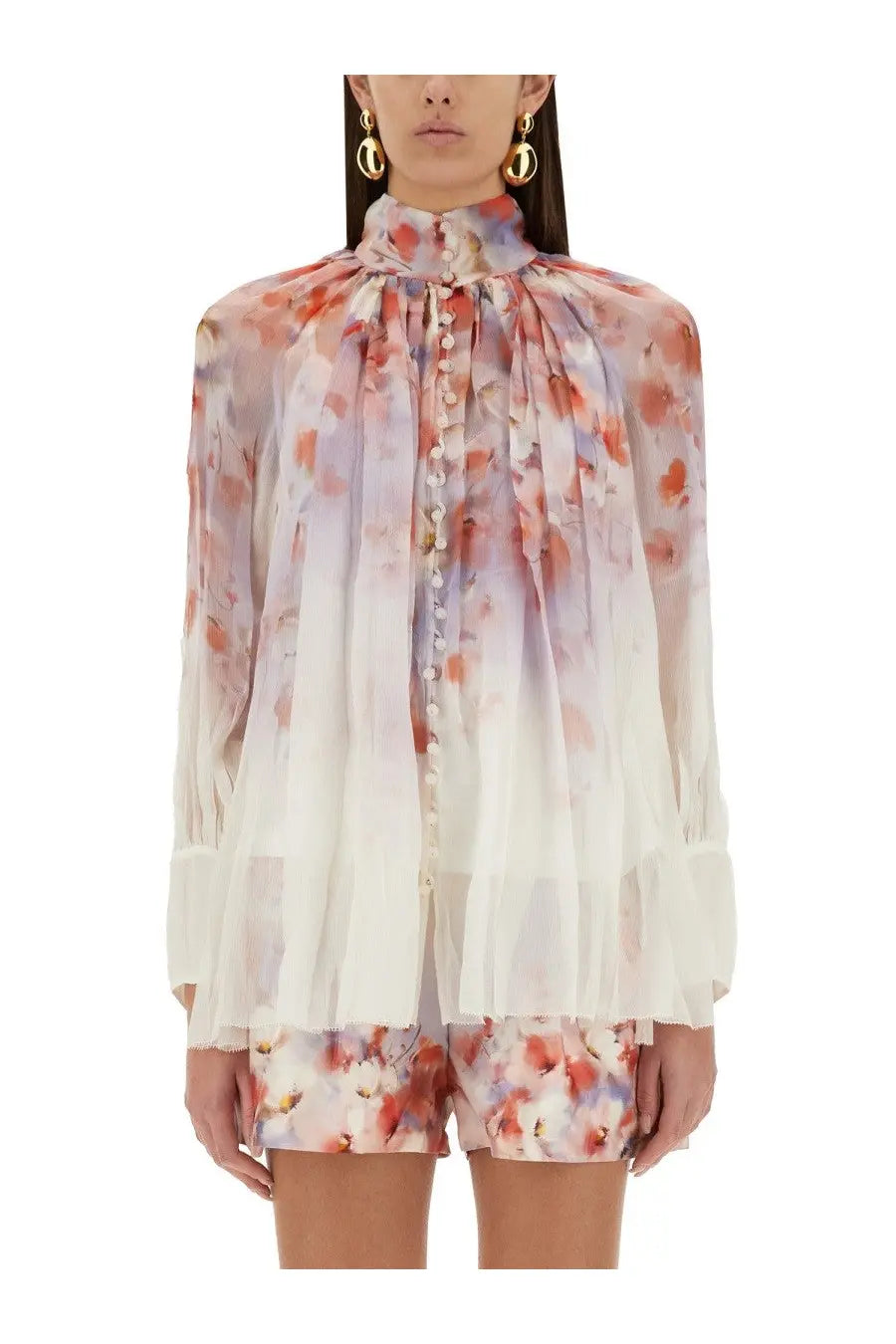 Zimmermann women’s smock blouse sheer long-sleeve high neck button front with blush pink peach lavender floral pattern