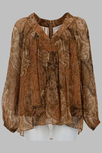 A flowing, long-sleeved blouse in a rich brown and gold paisley pattern with sheer fabric.