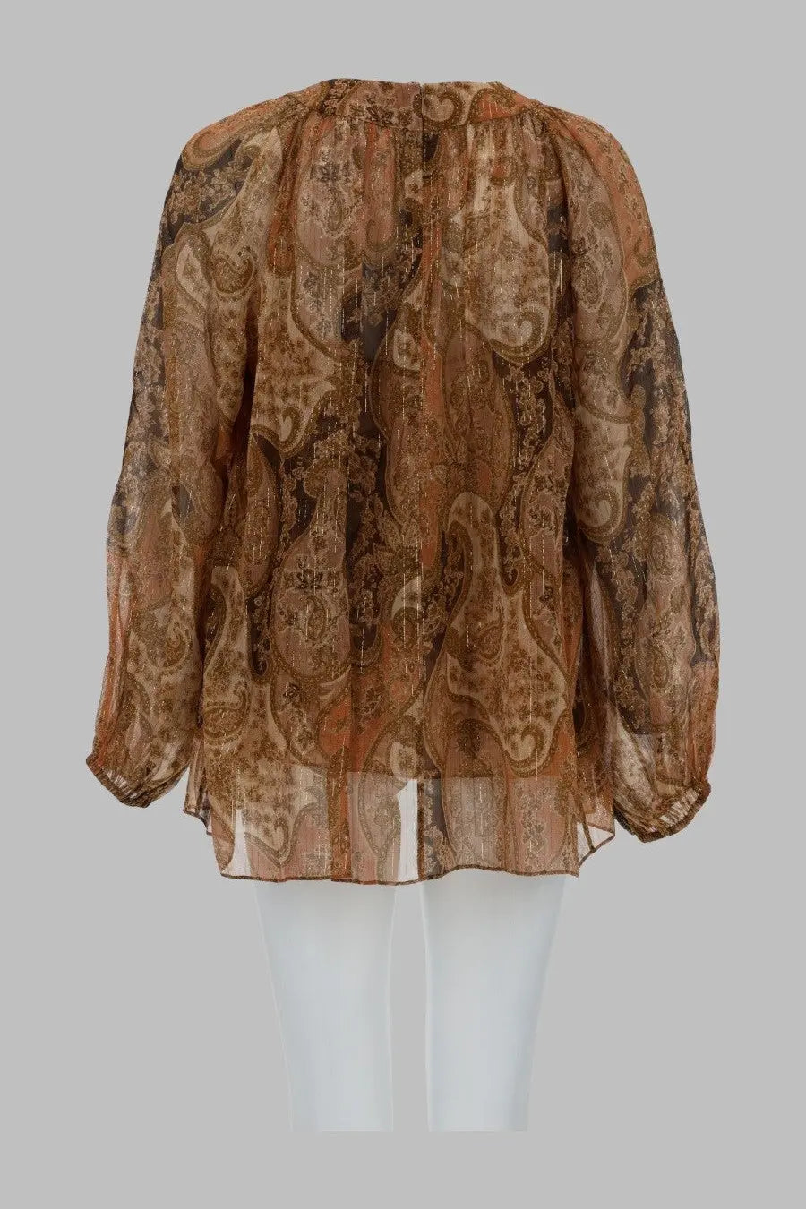 Zimmermann women’s sheer long-sleeved blouse in brown beige paisley with delicate ruching at the neckline