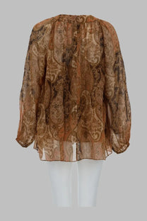 Zimmermann women’s sheer long-sleeved blouse in brown beige paisley with delicate ruching at the neckline