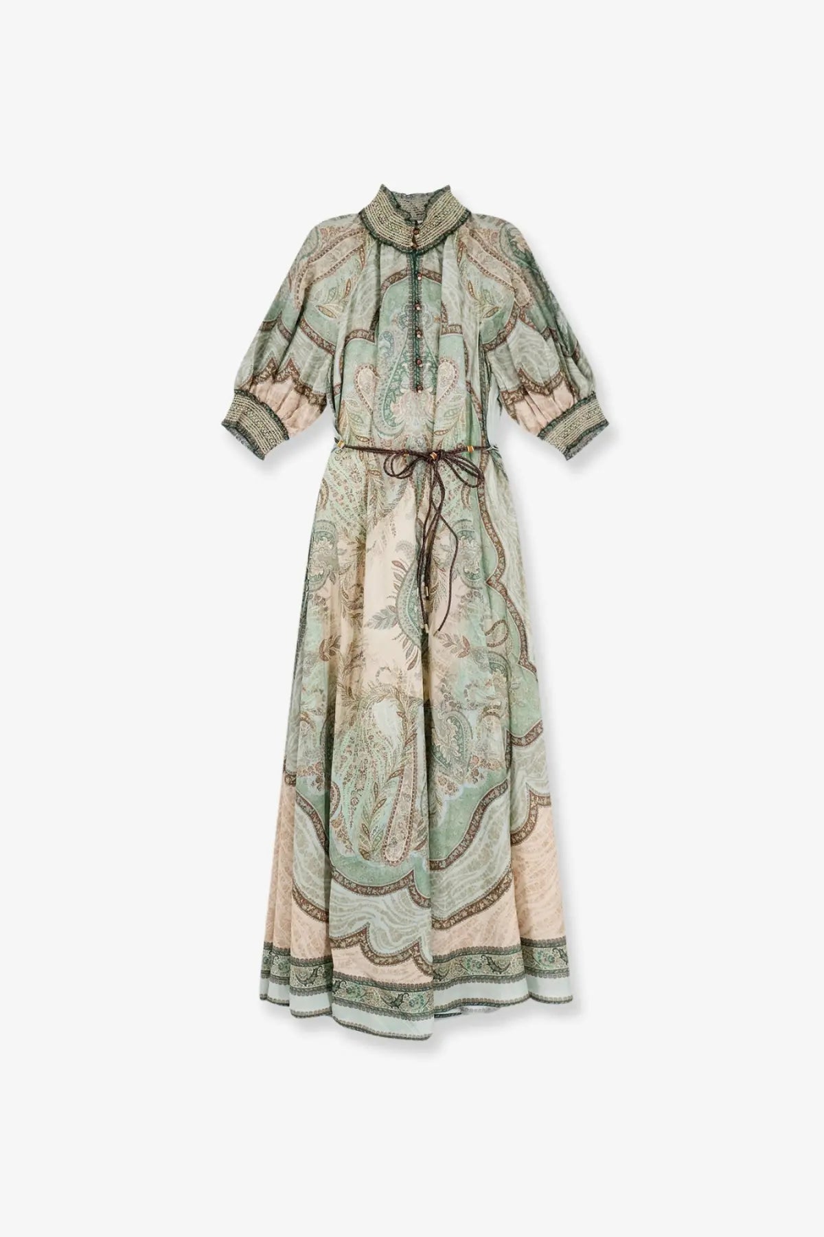 Zimmermann womens wanderlust billow silk dress in soft mint green and cream paisley with brown detailed cuffs and collar