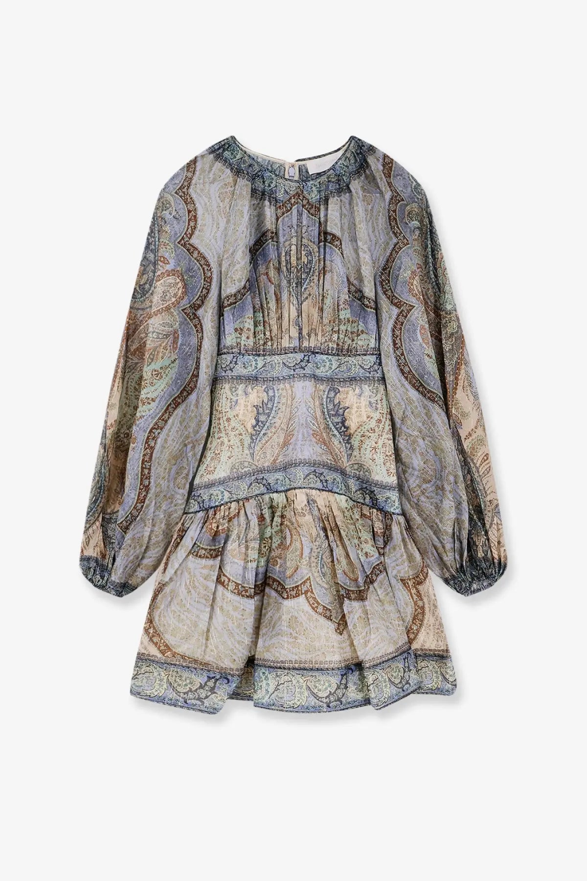 Zimmermann women’s wanderlust long-sleeved cotton and silk mini dress in beige and muted blue paisley with tiered ruffles