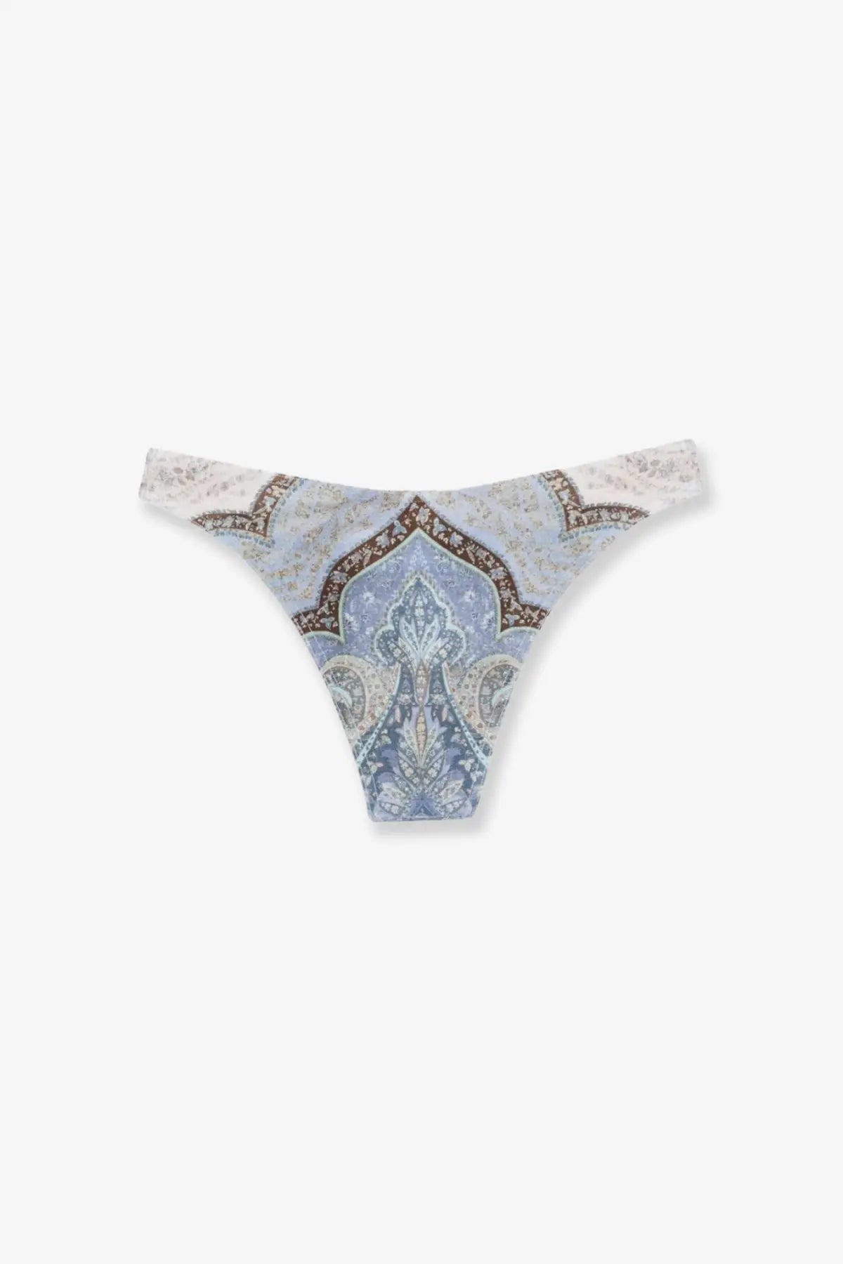 Zimmermann women’s wanderlust scoop lycra bikini bottom in light blue and cream with paisley pattern and brown accents