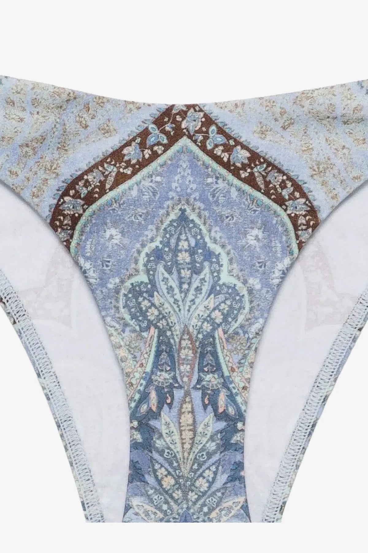 Zimmermann women’s wanderlust scoop lycra bikini bottom blue with delicate blue and brown paisley pattern and lace trim