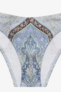 Zimmermann women’s wanderlust scoop lycra bikini bottom blue with delicate blue and brown paisley pattern and lace trim