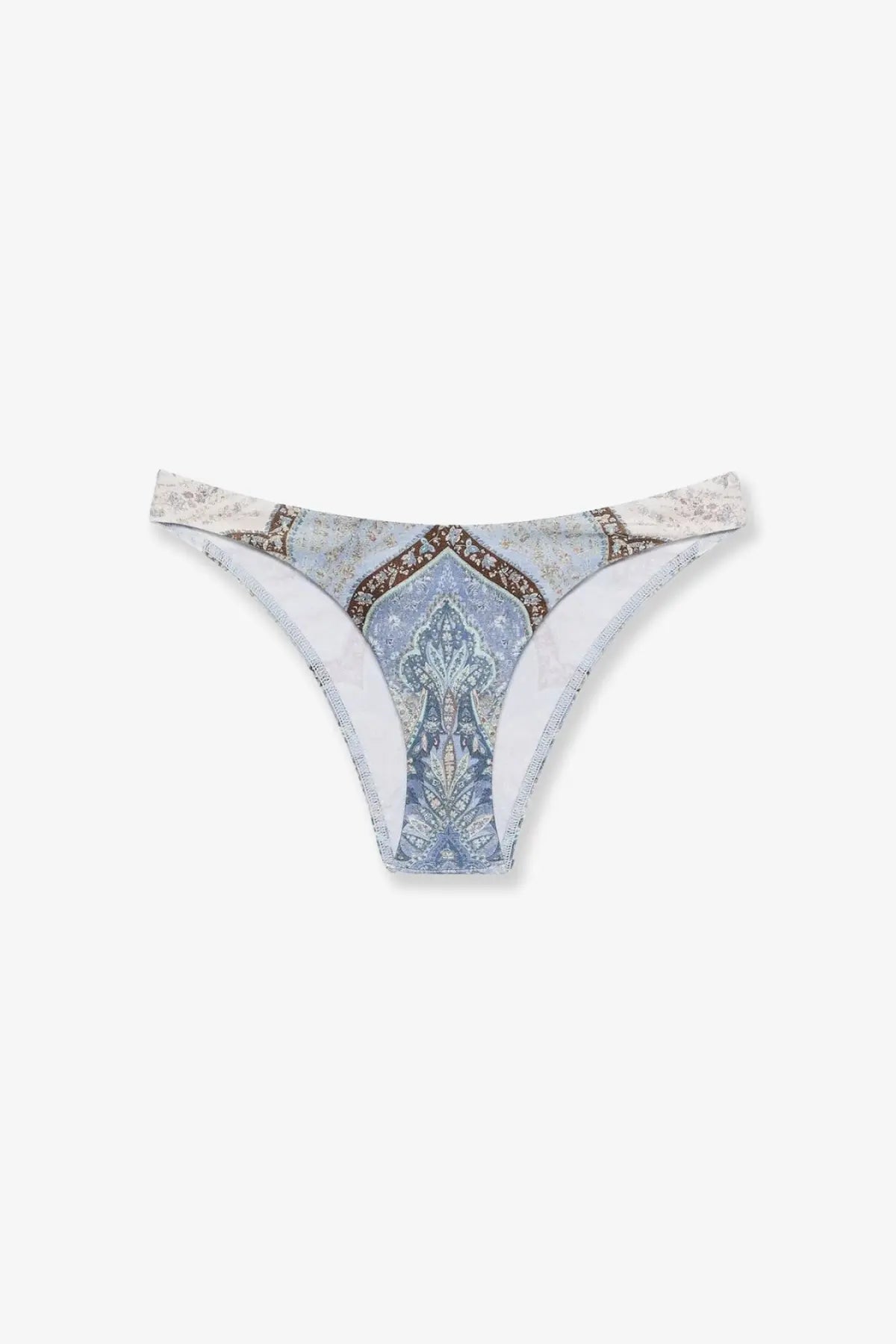 Zimmermann women’s wanderlust scoop lycra bikini bottom in blue with delicate paisley pattern and gold-trimmed waistband