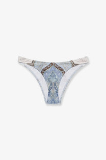 Zimmermann women’s wanderlust scoop lycra bikini bottom in blue with delicate paisley pattern and gold-trimmed waistband