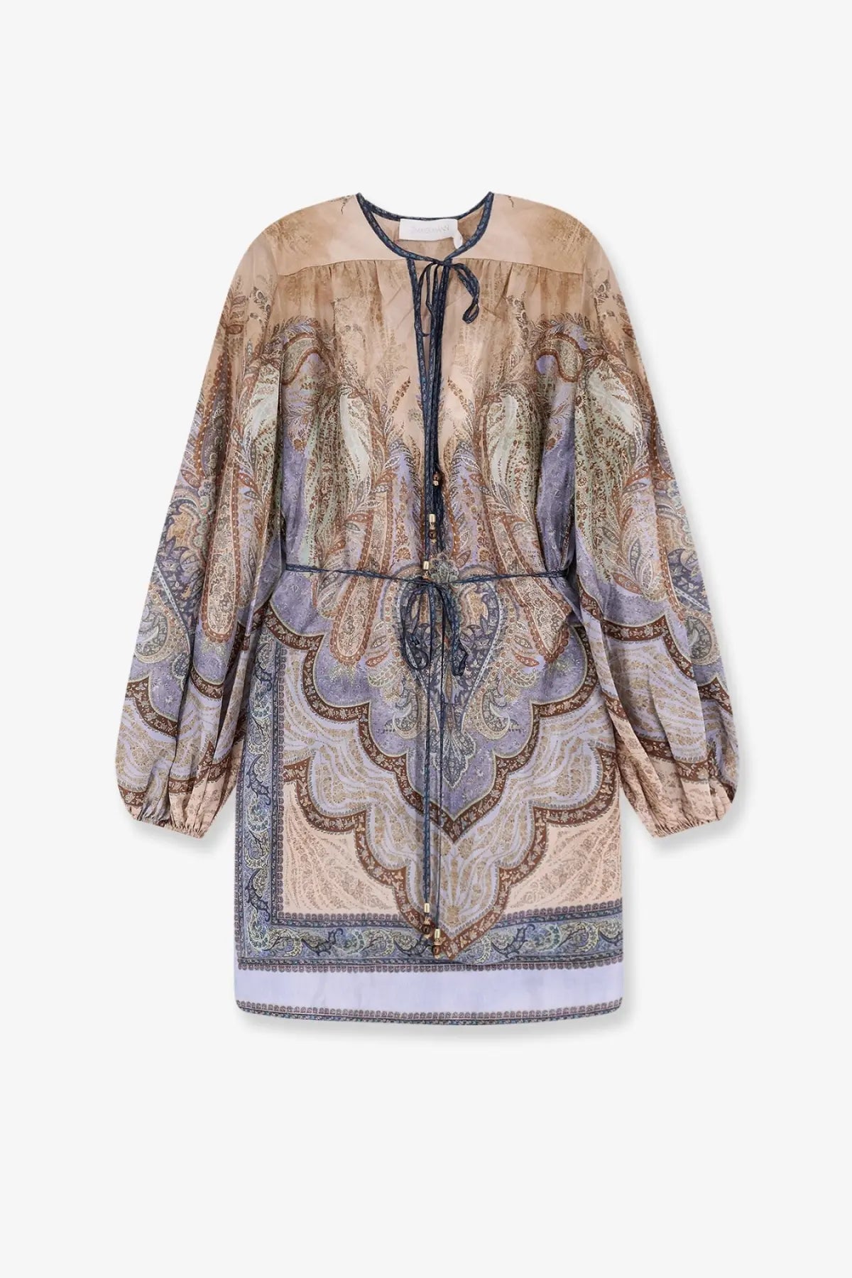 Zimmermann women’s wanderlust tunic silk mini dress in blue with long sleeves and a beige lavender paisley print
