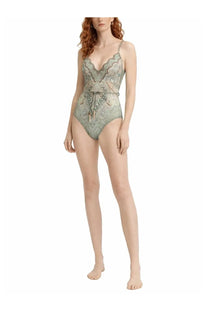 Zimmermann women’s wonderlust delicate sage green lace one-piece swimsuit with floral patterns and thin straps