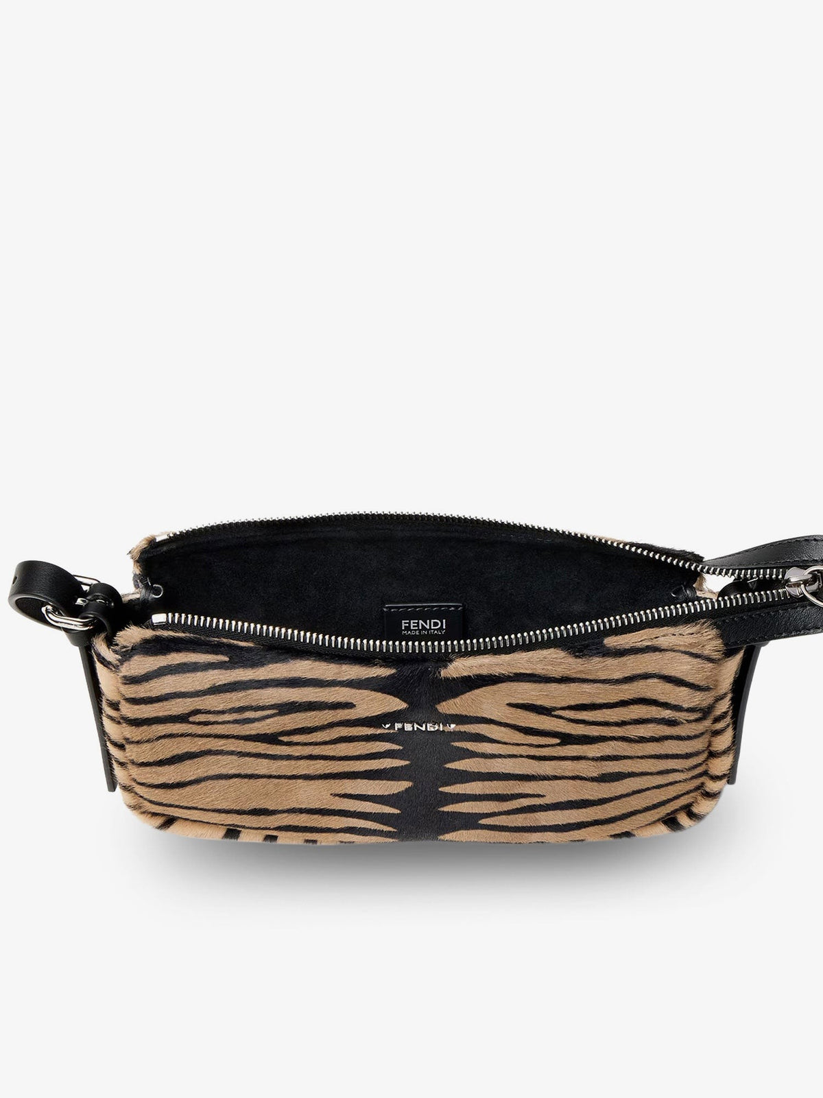 Fendi Women's Zip Top Small Shoulder Bag in Tiger Print Pony Skin Black